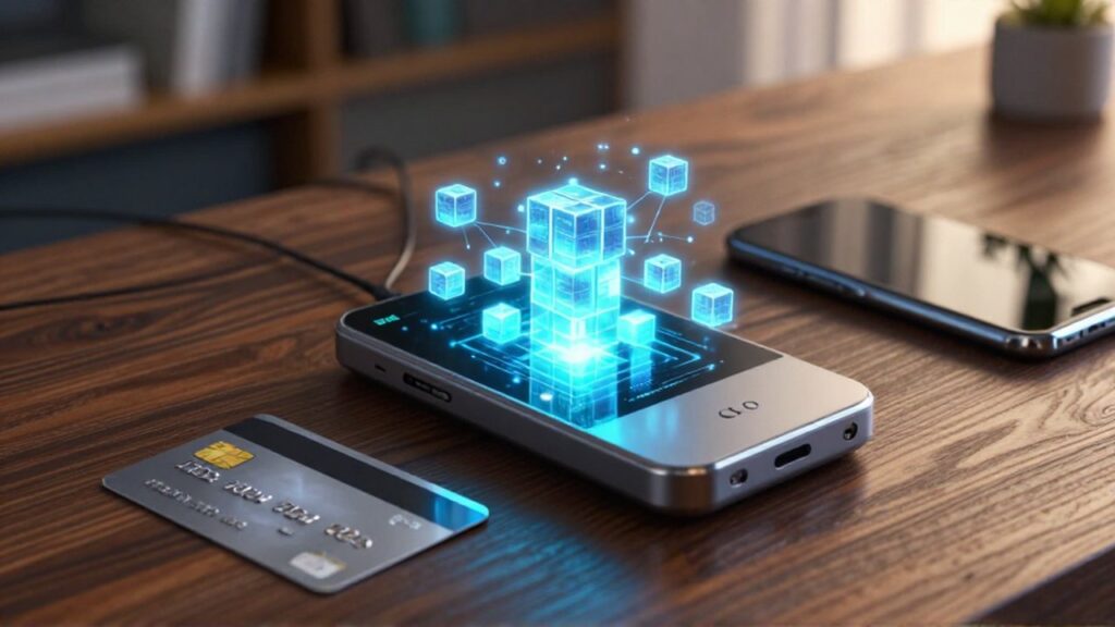 Dispositivo metálico con cubos digitales brillantes junto a una tarjeta de crédito y un smartphone en un escritorio.
