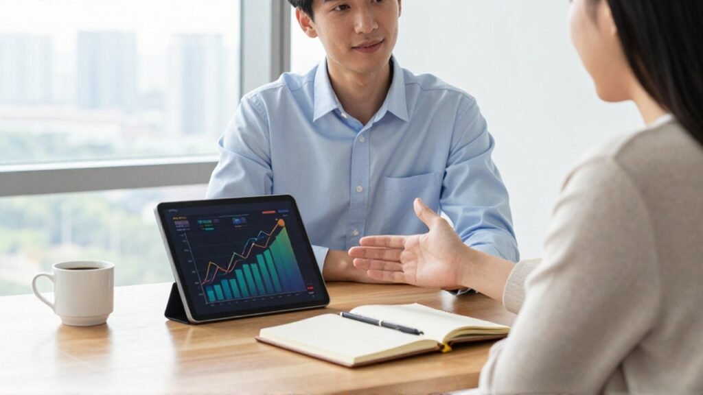 Un asesor financiero explica conceptos de inversión a un cliente joven frente a una tableta.