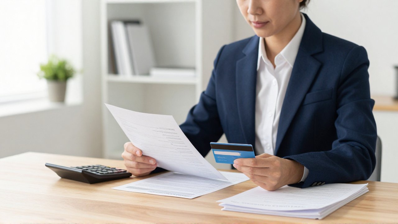 Persona concentrada revisando sus estados de cuenta y usando una calculadora en un escritorio despejado.
