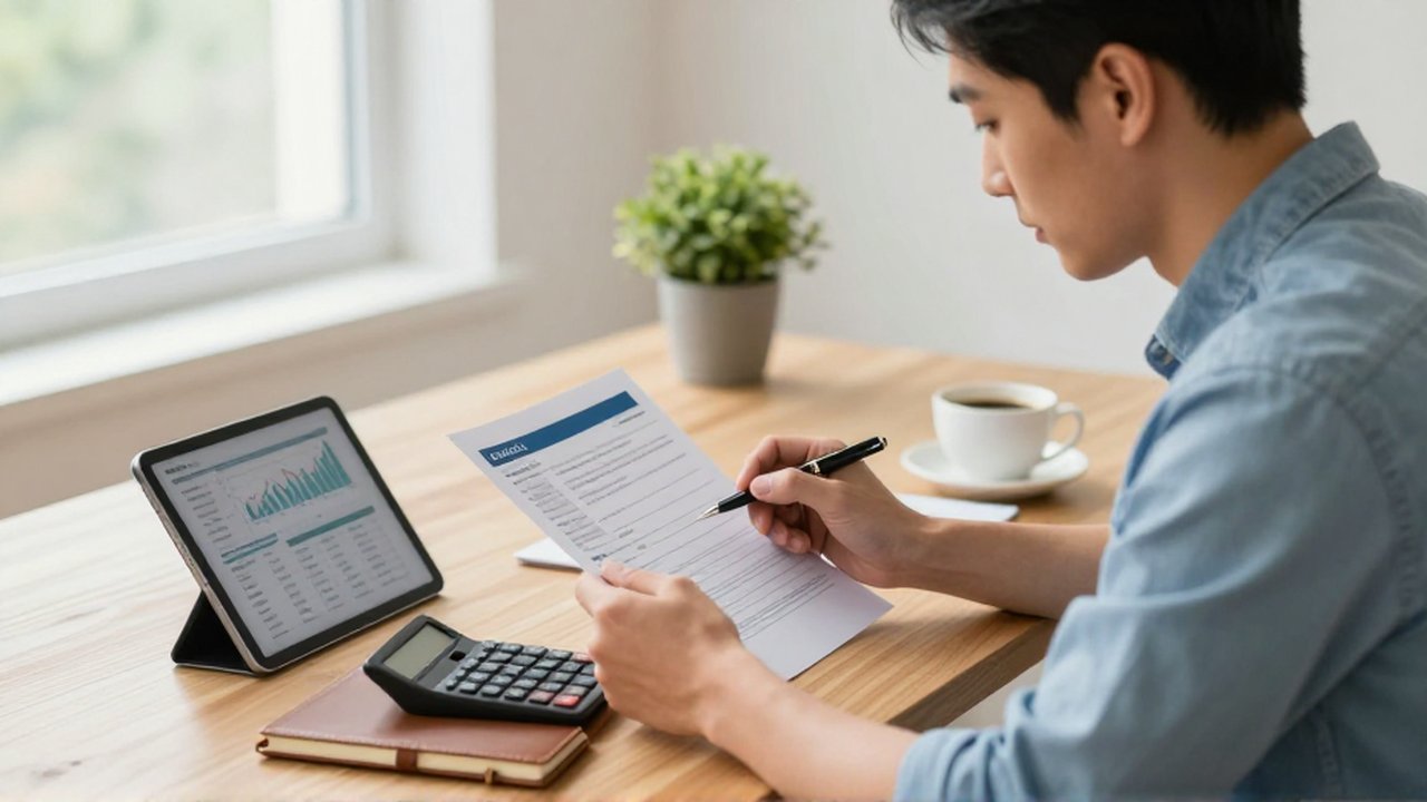 Un hombre joven revisa con atención documentos financieros y una calculadora en su oficina en casa.