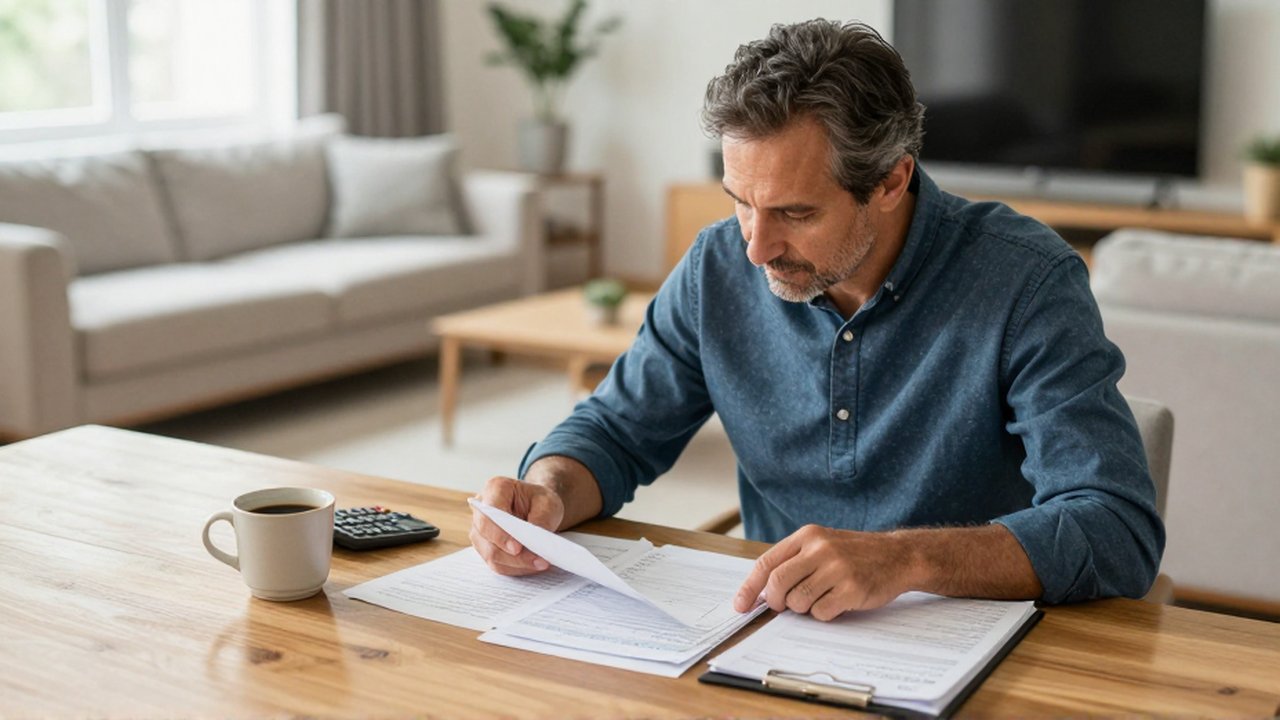 Un hombre de mediana edad revisa documentos y un planificador financiero en una mesa de madera.