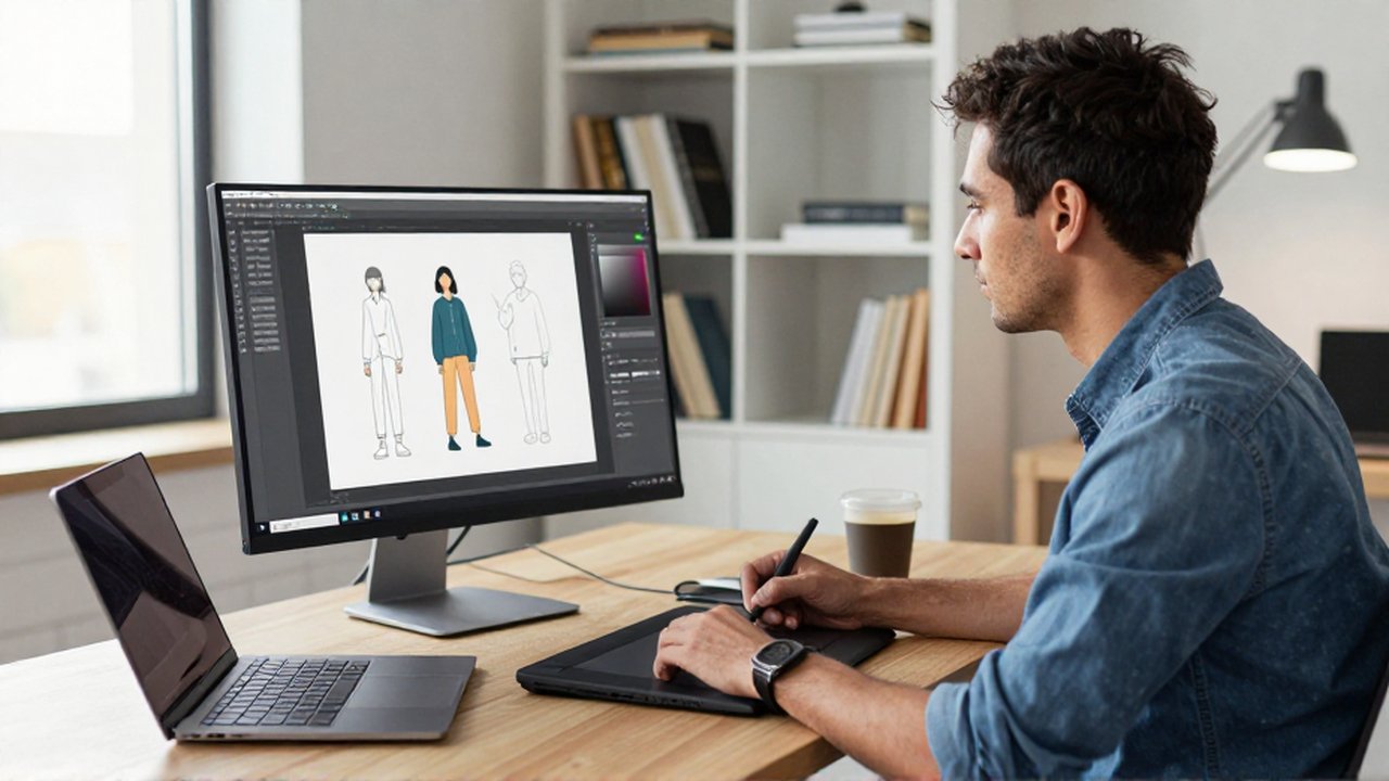 Diseñador gráfico trabajando concentrado en ilustraciones vectoriales con una tableta digital y monitor profesional.