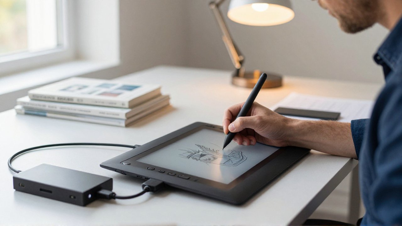 Un diseñador trabaja con un lápiz digital sobre una tableta profesional en un estudio minimalista.