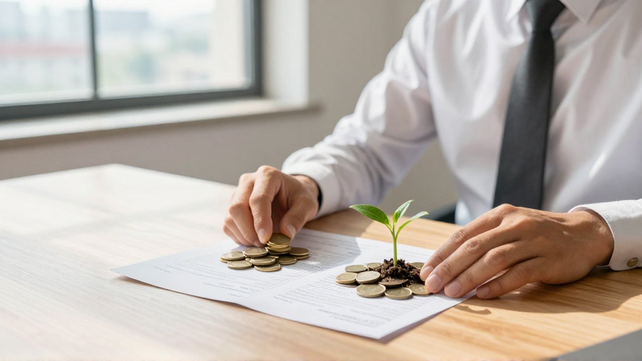 Un inversor compara en su escritorio una pila de monedas con una planta que crece sobre ellas.