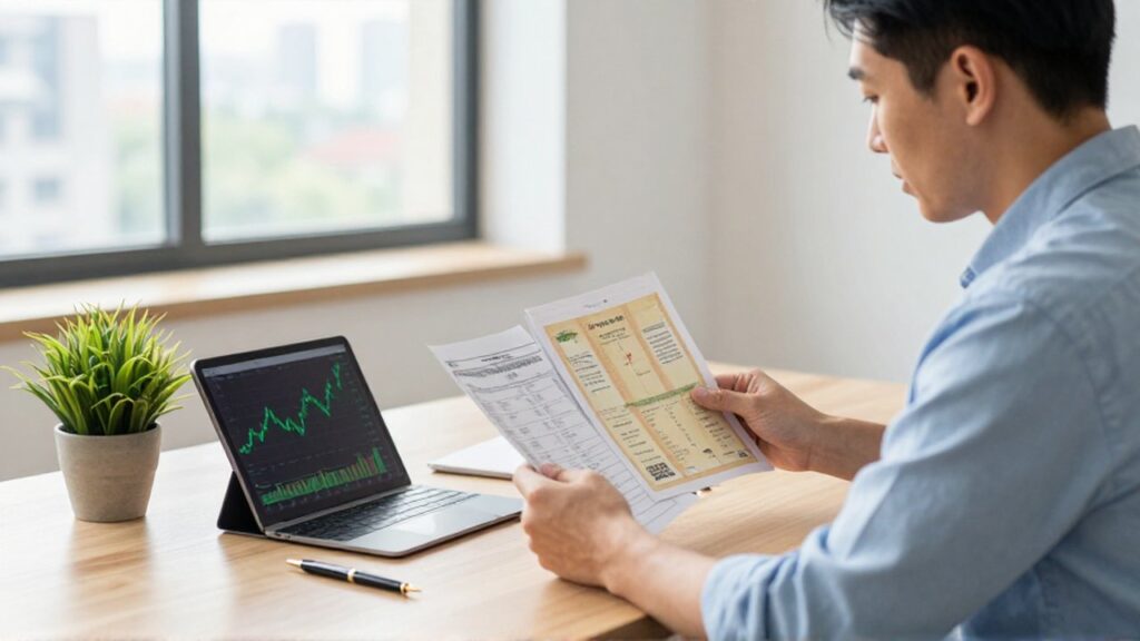 Un inversor analiza certificados de acciones y gráficos financieros en una oficina moderna y luminosa.
