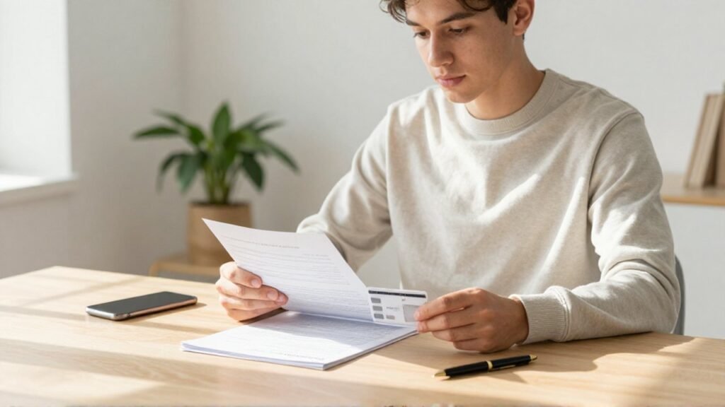 Un joven revisa documentos y una identificación en un escritorio moderno y luminoso.