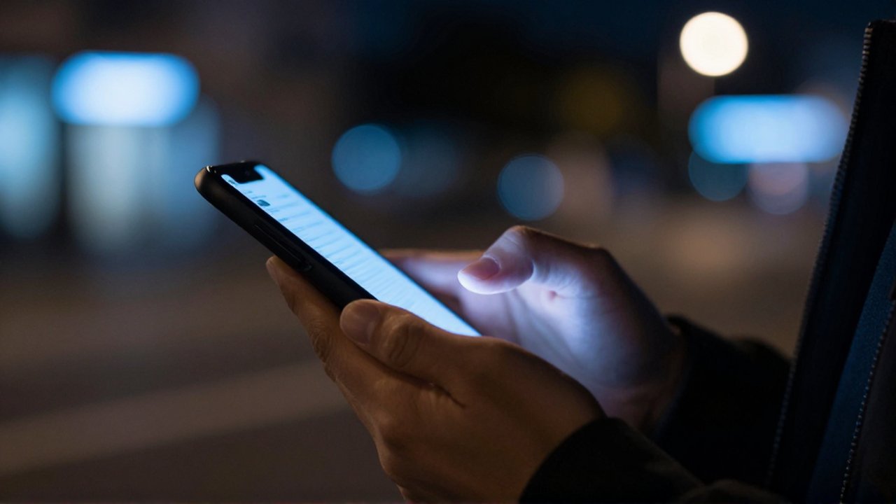 Mano de una persona dudando al tocar la pantalla de un smartphone en una calle nocturna.