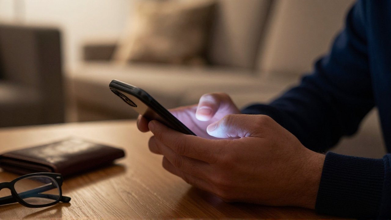 Manos sosteniendo un smartphone con duda sobre una mesa junto a una billetera y anteojos.