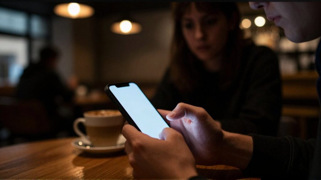 Manos sosteniendo un celular con cautela en una mesa de café