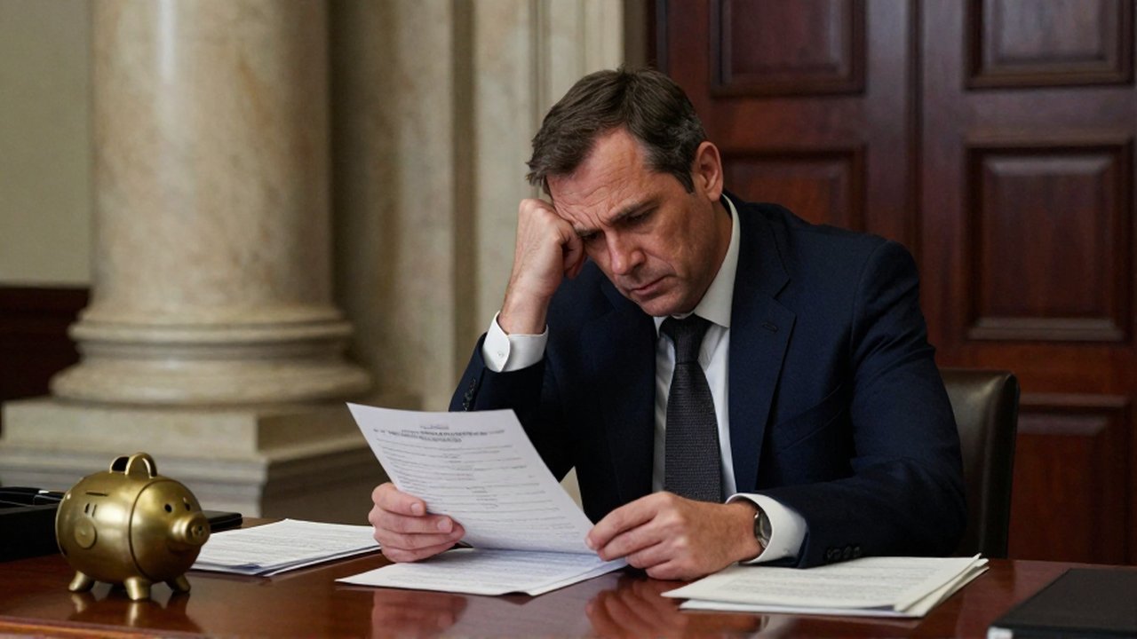 Hombre de mediana edad frustrado revisando documentos y una hucha sobre un escritorio de oficina bancaria clásica.