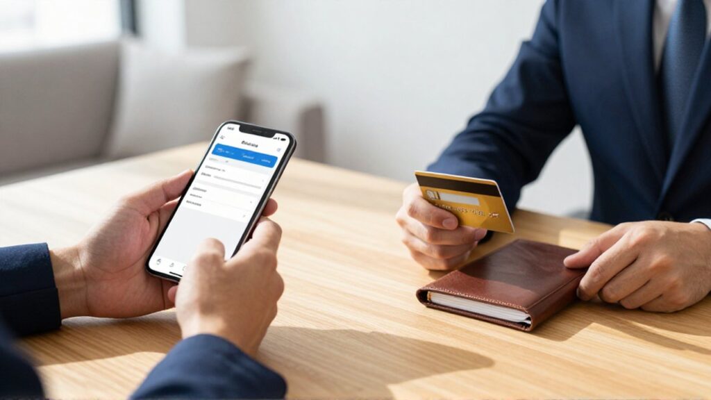 Comparación dividida entre una mano sosteniendo un smartphone con una app bancaria y otra con una tarjeta y libreta en una oficina.